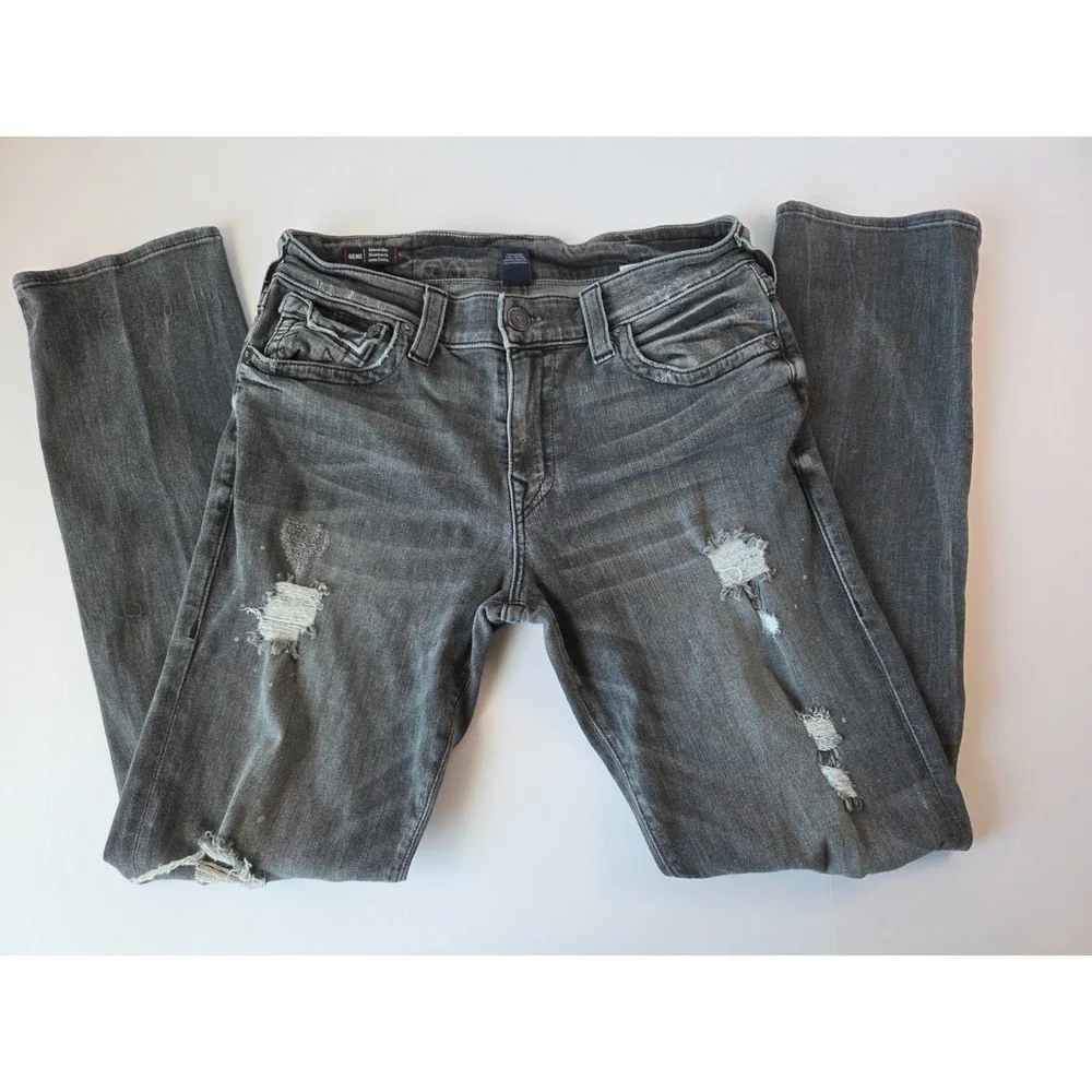 True Religion Jeans Mens 33x32 Black Distressed Relaxed Slim Stretch Pants Geno